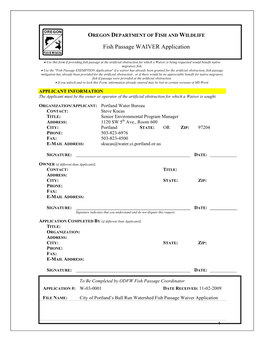 City's Fish Passage Waiver Application