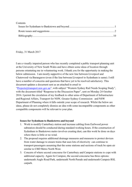 Contents Issues for Sydenham to Bankstown and Beyond