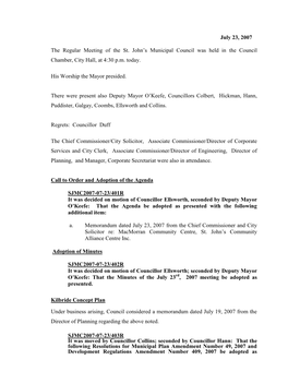 July 23, 2007 the Regular Meeting of the St. John's Municipal Council Was Held in the Council Chamber, City Hall, at 4:30