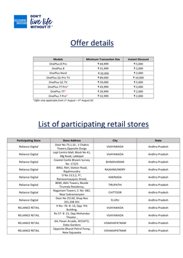 Offer Details List of Participating Retail Stores