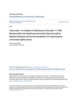Toxic Trains : an Analysis of Disclosure in the April 11 1996 Montana Rail