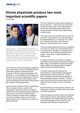 Illinois Physicists Produce Two Most Important Scientific Papers 5 June 2006