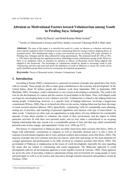 Altruism As Motivational Factors Toward Volunteerism Among Youth in Petaling Jaya, Selangor