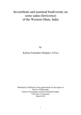 Invertebrate and Mammal Biodiversity on Some Sadas (Ferricretes) of the Western Ghats, India