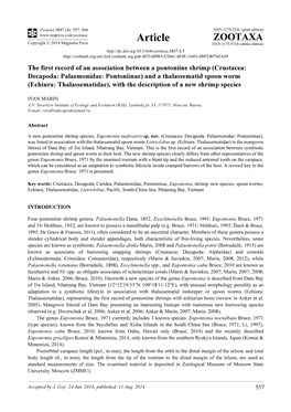 Crustacea: Decapoda: Palaemonidae: Pontoniinae) and a Thalassematid Spoon Worm (Echiura: Thalassematidae), with the Description of a New Shrimp Species