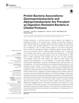 Protist-Bacteria Associations: Gammaproteobacteria and Alphaproteobacteria Are Prevalent As Digestion-Resistant Bacteria in Ciliated Protozoa