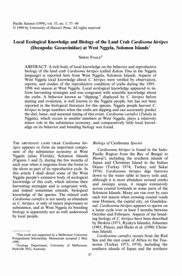 Local Ecological Knowledge and Biology of the Land Crab Cardisoma Hirtipes (Decapoda: Gecarcinidae) at West Nggela, Solomon Islands L