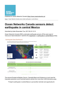 Ocean Networks Canada Sensors Detect Earthquake in Central Mexico