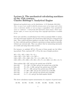 Lecture 3: the Mechanical Calculating Machines of the 17Th Century, Charles Babbage's Analytical Engine