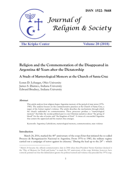 Religion and the Commemoration of the Disappeared in Argentina 40 Years After the Dictatorship a Study of Martyrological Memory at the Church of Santa Cruz Loren D