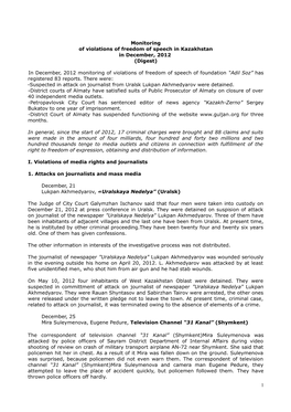 Monitoring of Violations of Freedom of Speech in Kazakhstan in December, 2012 (Digest) in December, 2012 Monitoring of Violation