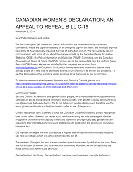 AN APPEAL to REPEAL BILL C-16 November 8, 2019