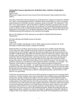 Al-Zawahiri Answers Questions by Al-Qa'ida Critics, Criticizes Al-Qaradawi, HAMAS April 3, 2008 [Please Note: Images May Have Been Removed from This Document