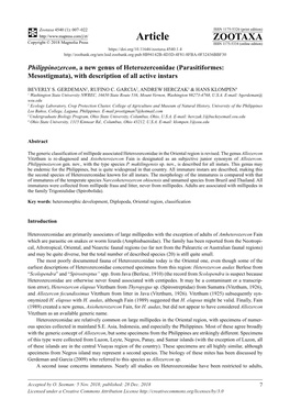 Philippinozercon, a New Genus of Heterozerconidae (Parasitiformes: Mesostigmata), with Description of All Active Instars