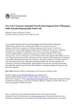 New Late Cretaceous Mammals from the Intertrappean Beds of Rangapur, India and Paleobiogeographic Framework