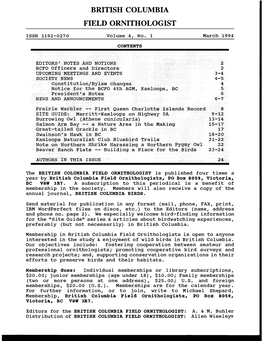 BRITISH COLUMBIA FIELD ORNITHOLOGIST Is Published Four Times a Year by British Columbia Field Ornithologists, PO Box 8059, Victoria, BC Vaw 3R7