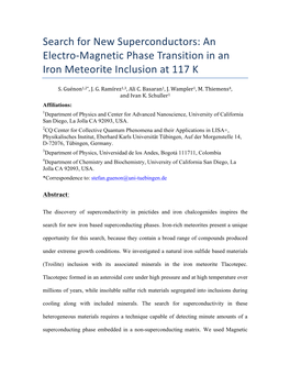 Search for New Superconductors: an Electro-Magnetic Phase Transition in an Iron Meteorite Inclusion at 117 K