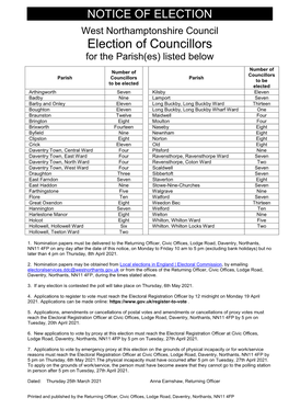 West Northamptonshire Council Election of Councillors for the Parish(Es) Listed Below