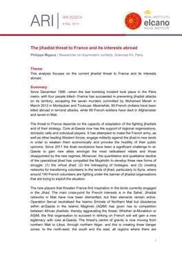 The Jihadist Threat to France and Its Interests Abroad Philippe Migaux | Researcher on Asymmetric Conflicts, Sciences Po, Paris