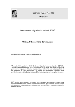 Working Paper No. 339 International Migration in Ireland, 2009