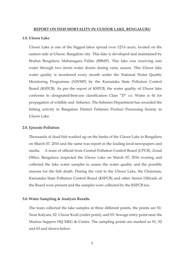 REPORT on FISH MORTALITY in ULSOOR LAKE, BENGALURU 1.0. Ulsoor Lake Ulsoor Lake Is One of the Biggest Lakes Spread Over 123.6 Ac