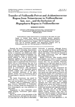 Transfer of Veillonella Prdvot and Acidaminococcus Rogosa from Neisseriaceae to Veillonellaceae Megasphaera Rogosa in Veillonell