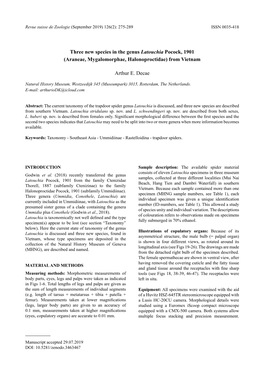 Three New Species in the Genus Latouchia Pocock, 1901 (Araneae, Mygalomorphae, Halonoproctidae) from Vietnam Arthur E. Decae