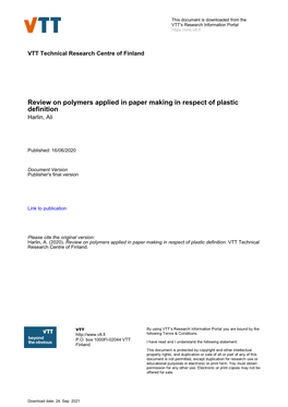 Review on Polymers Applied in Paper Making in Respect of Plastic Definition Harlin, Ali