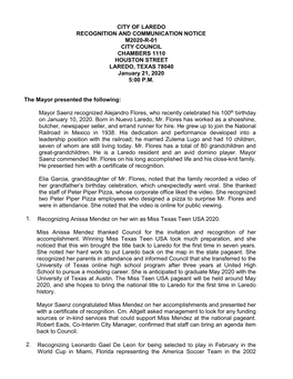 CITY of LAREDO RECOGNITION and COMMUNICATION NOTICE M2020-R-01 CITY COUNCIL CHAMBERS 1110 HOUSTON STREET LAREDO, TEXAS 78040 January 21, 2020 5:00 P.M