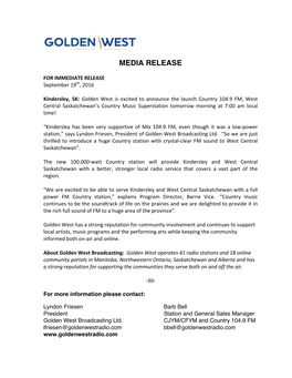 Golden West Media Release