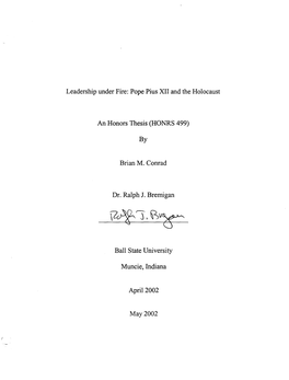 Leadership Under Fire: Pope Pius XII and the Holocaust an Honors Thesis