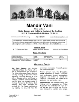 Mandir Vani News Letter of Hindu Temple and Cultural Center of the Rockies 8375 S