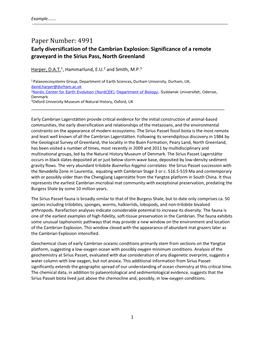 Paper Number: 4991 Early Diversification of the Cambrian Explosion: Significance of a Remote Graveyard in the Sirius Pass, North Greenland