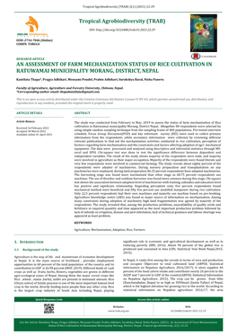 An Assessment of Farm Mechanization Status of Rice Cultivation in Ratuwamai Municipality Morang, District, Nepal