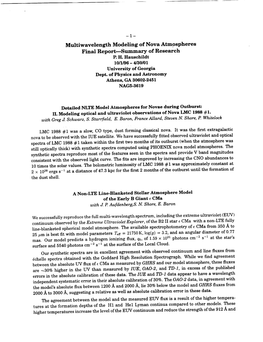 Multiwavelength Modeling of Nova Atmospheres Final Report--Summary of Research P