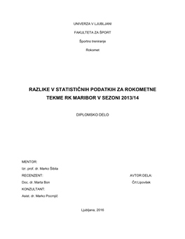 Razlike V Statističnih Podatkih Za Rokometne Tekme Rk Maribor V Sezoni 2013/14