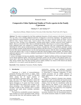 Comparative Foliar Epidermal Studies of Twelve Species in the Family Cyperaceae