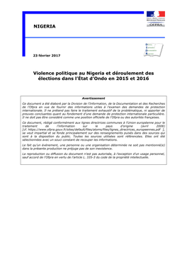 Violence Politique Au Nigeria Et Déroulement Des Élections Dans L'état D'ondo En 2015 Et 2016 NIGERIA