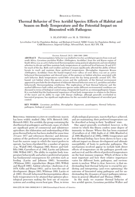 Thermal Behavior of Two Acridid Species: Effects of Habitat and Season on Body Temperature and the Potential Impact on Biocontrol with Pathogens