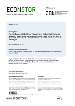 Does the Availability of Secondary Schools Increase Primary Schooling? Empirical Evidence from Northern Senegal
