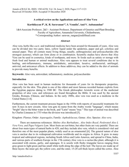 A Critical Review on the Applications and Uses of Aloe Vera Karthikeyan P1, K. R. Saravanan*2, S. Vennila3, and V. Anbanandan4 1