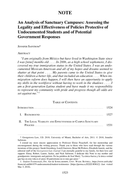 An Analysis of Sanctuary Campuses: Assessing the Legality and Effectiveness of Policies Protective of Undocumented Students and of Potential Government Responses