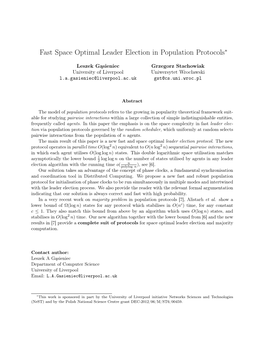 Fast Space Optimal Leader Election in Population Protocols∗