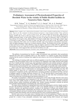 Preliminary Assessment of Physicochemical Properties of Borehole Water in the Vicinity of Public Health Facilities in Nasarawa State, Nigeria