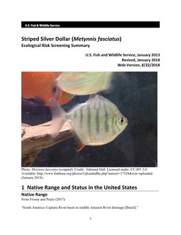 Striped Silver Dollar (Metynnis Fasciatus) Ecological Risk Screening Summary