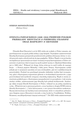 Stefana Pawlickiego (1839–1916) Pierwsze Polskie Przekłady Medytacji O Pierwszej Filozofii Oraz Rozprawy O Metodzie