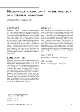 Neuroparalytic Keratopathy As the First Sign of a Cerebral Meningioma