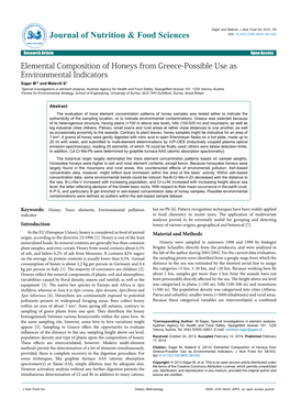 Elemental Composition of Honeys from Greece-Possible Use As Environmental Indicators