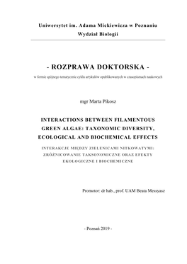 ROZPRAWA DOKTORSKA - W Formie Spójnego Tematycznie Cyklu Artykułów Opublikowanych W Czasopismach Naukowych