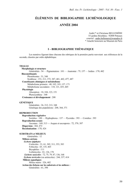 Éléments De Bibliogaphie Lichénologique Année 2004